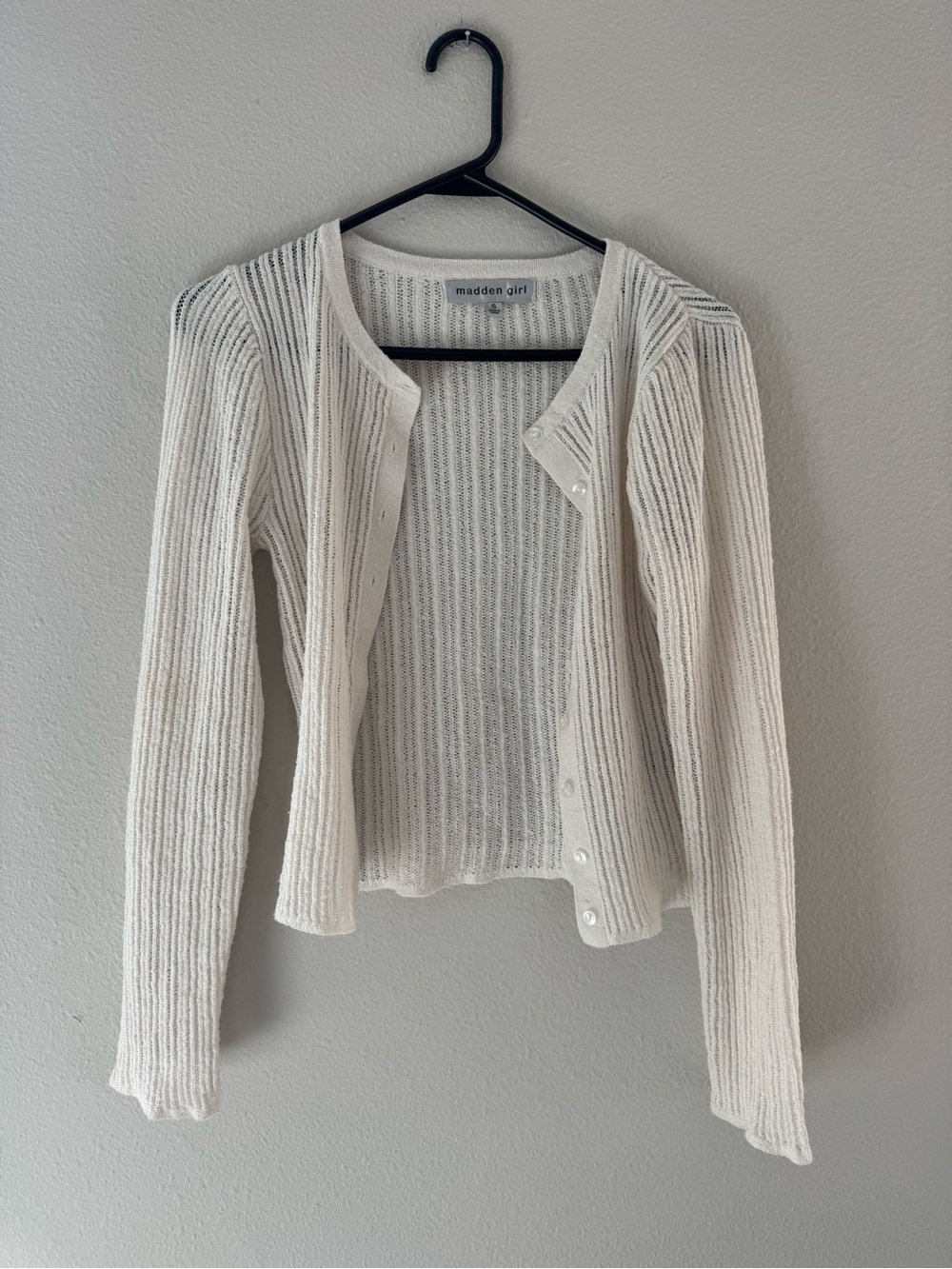 Madden Girl Open-Knit Ivory Button Cardigan Small